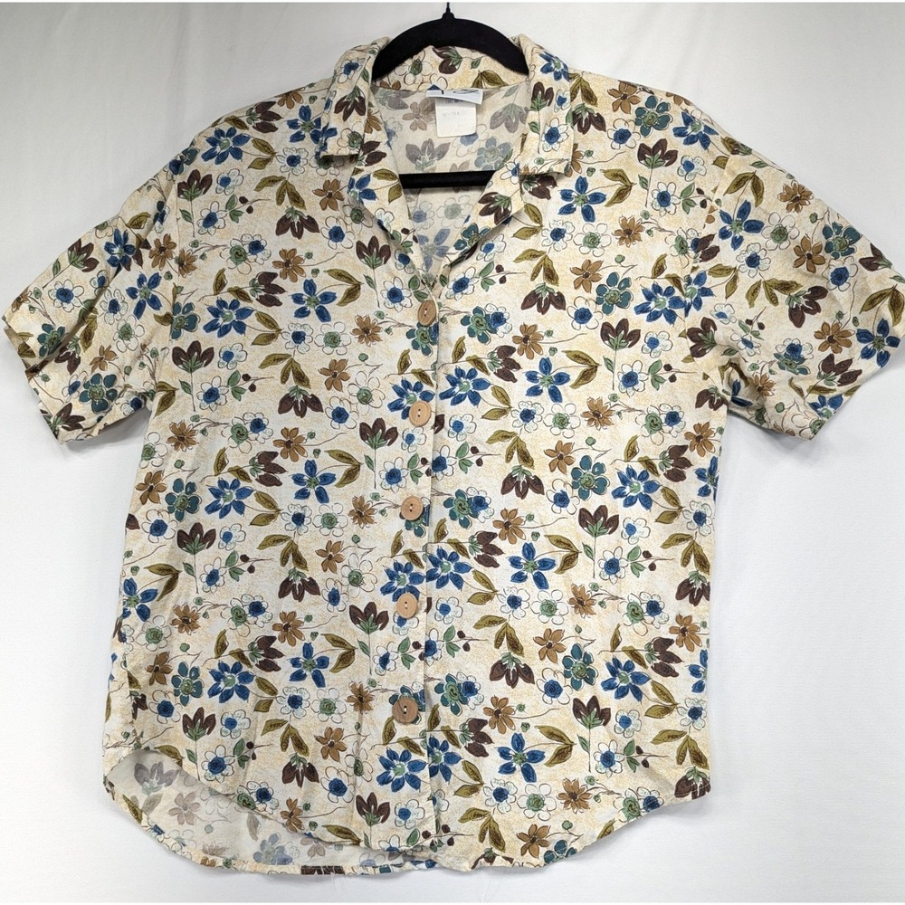 Tag Womens Floral Rayon Short Sleeve Button Up Shirt Blue Brown Cream Small